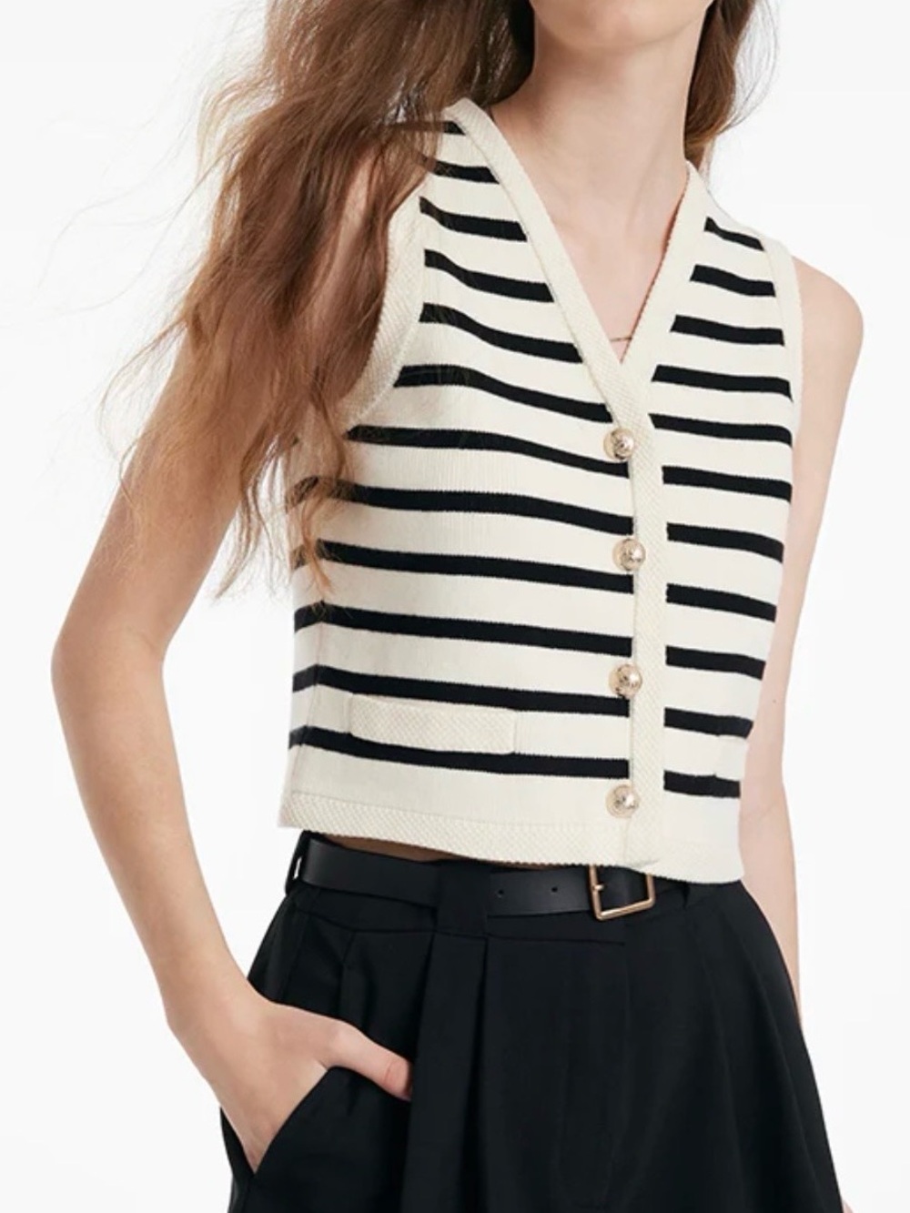 Goelia Knit Striped V-Neck Vest Cardigan